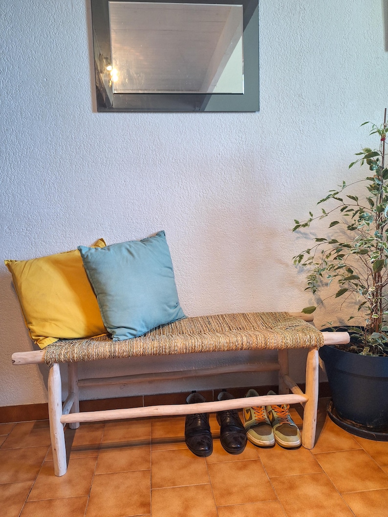 Banc Marocain 1m en Bois Brut et Corde de Palmier Naturelle