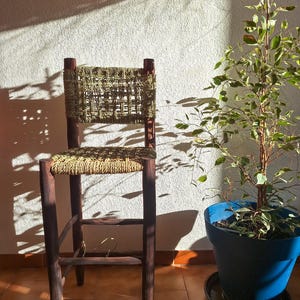 May include: A wooden bar stool with a woven green seat and back. The stool is in a room with a potted plant and tiled floor.