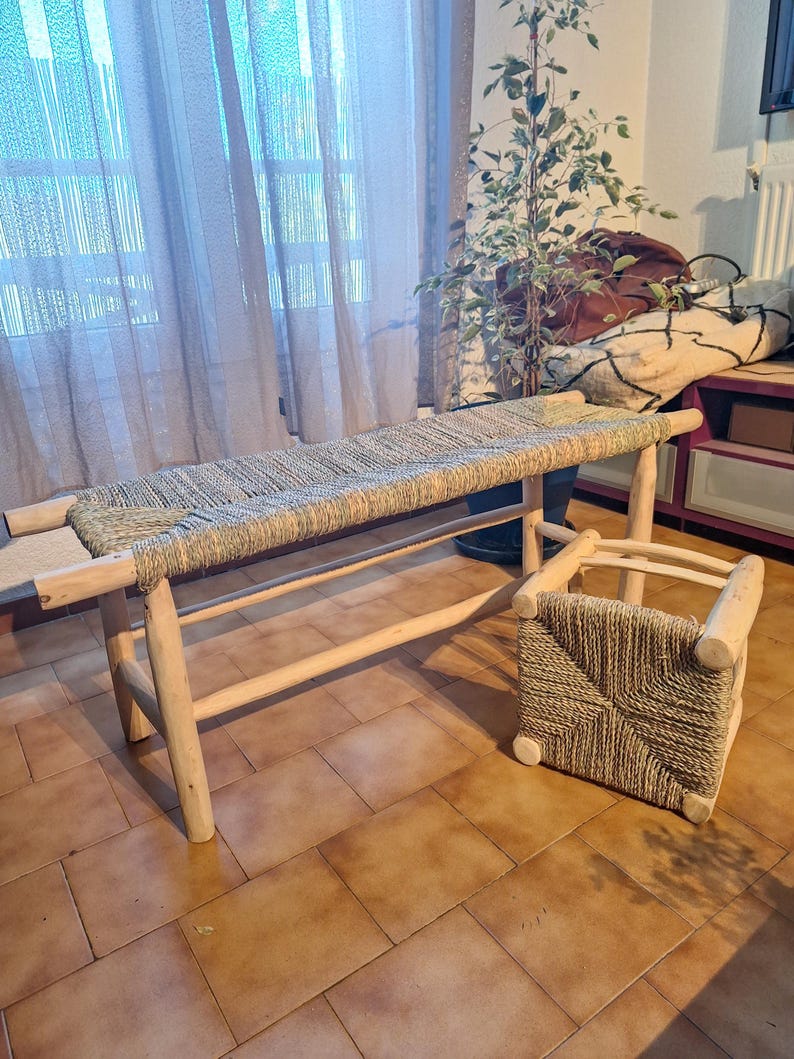 Banc Marocain 1m en Bois Brut et Corde de Palmier Naturelle