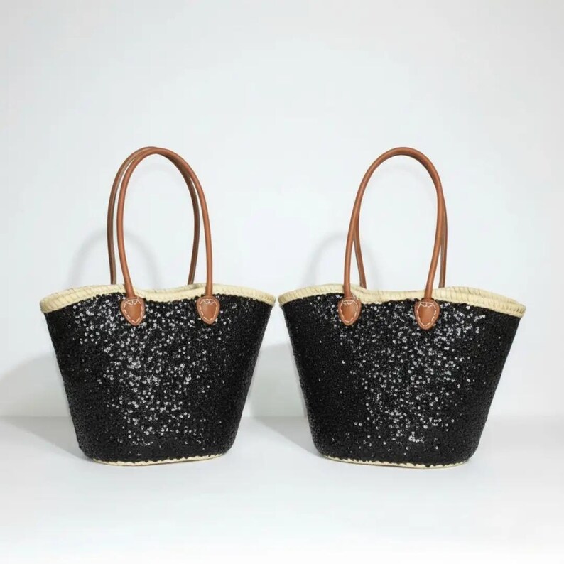 Grand Sac Cabas en Paille et Sequins Noirs