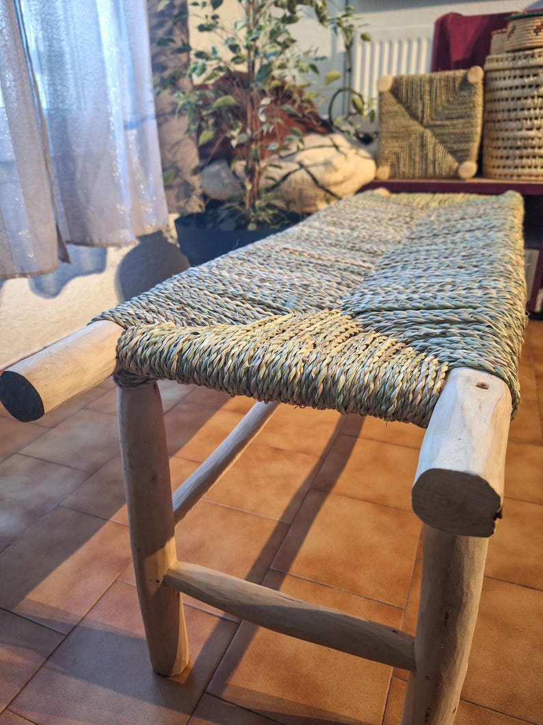 Banc Marocain 1m en Bois Brut et Corde de Palmier Naturelle
