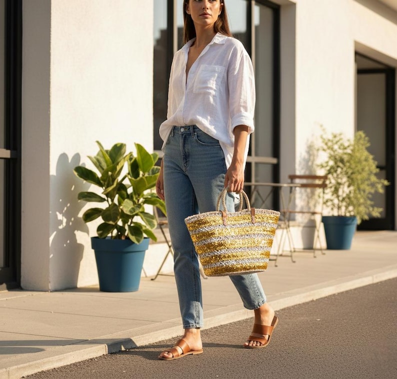 Sac cabas en paille brodée de sequins gris