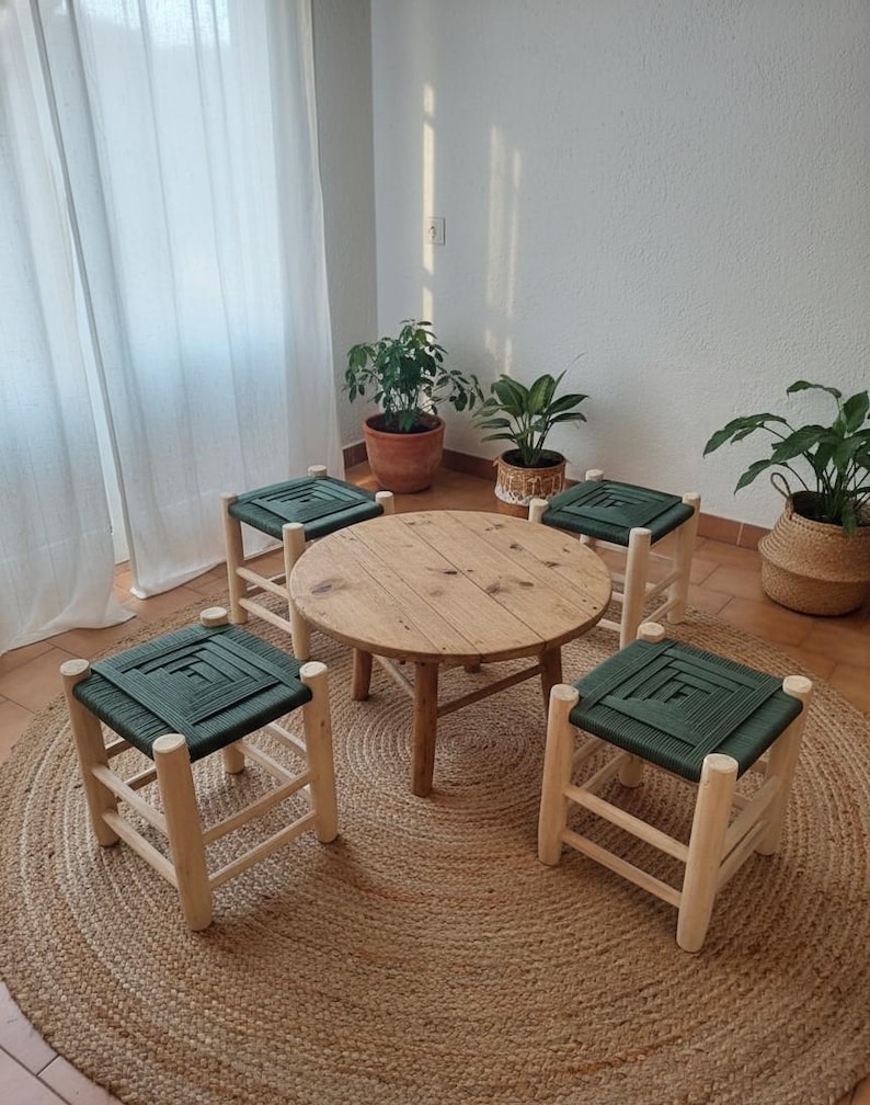 Tabouret marocain en bois et corde vert