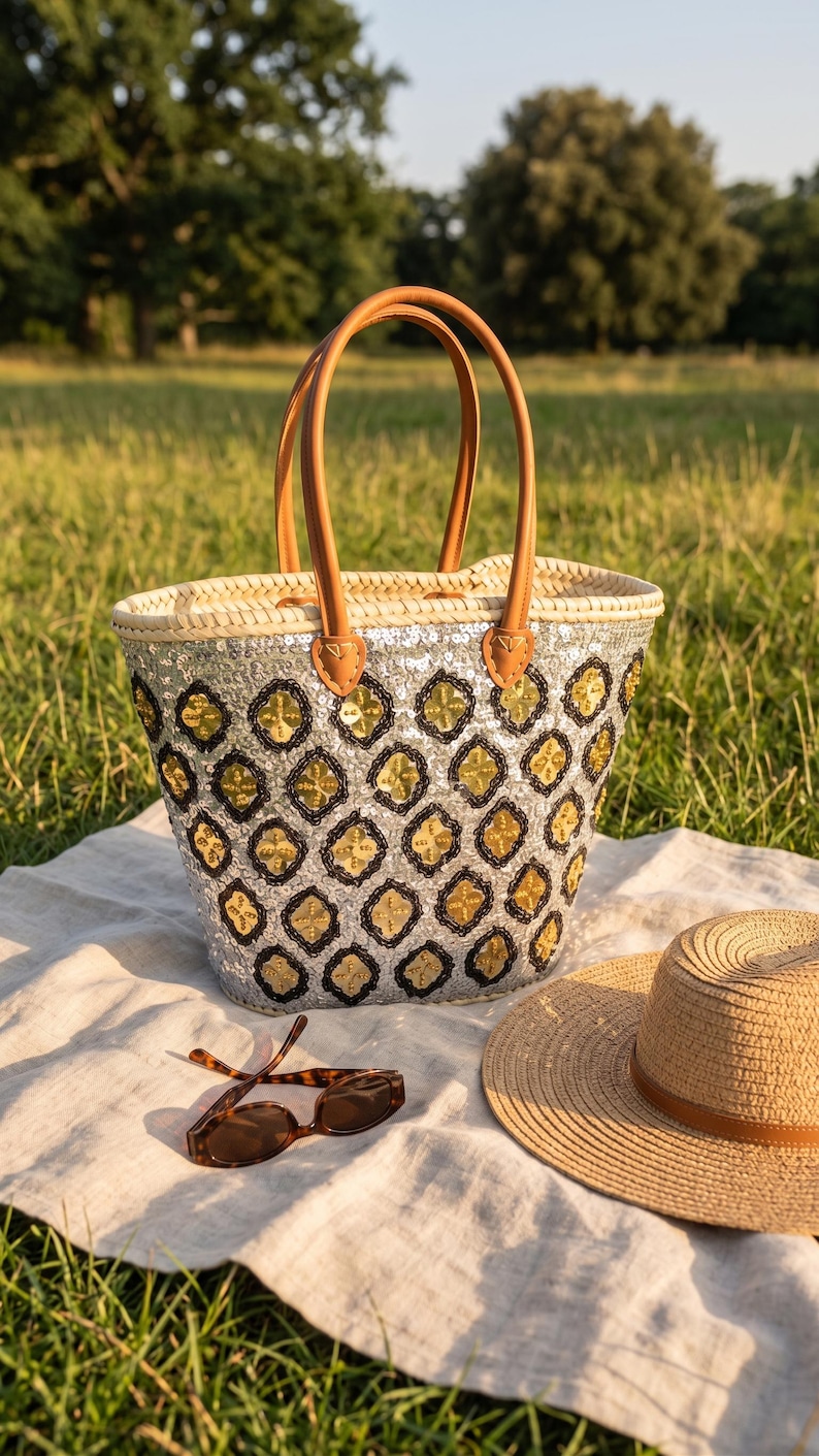 Sac Cabas en Paille et Sequins Argentés