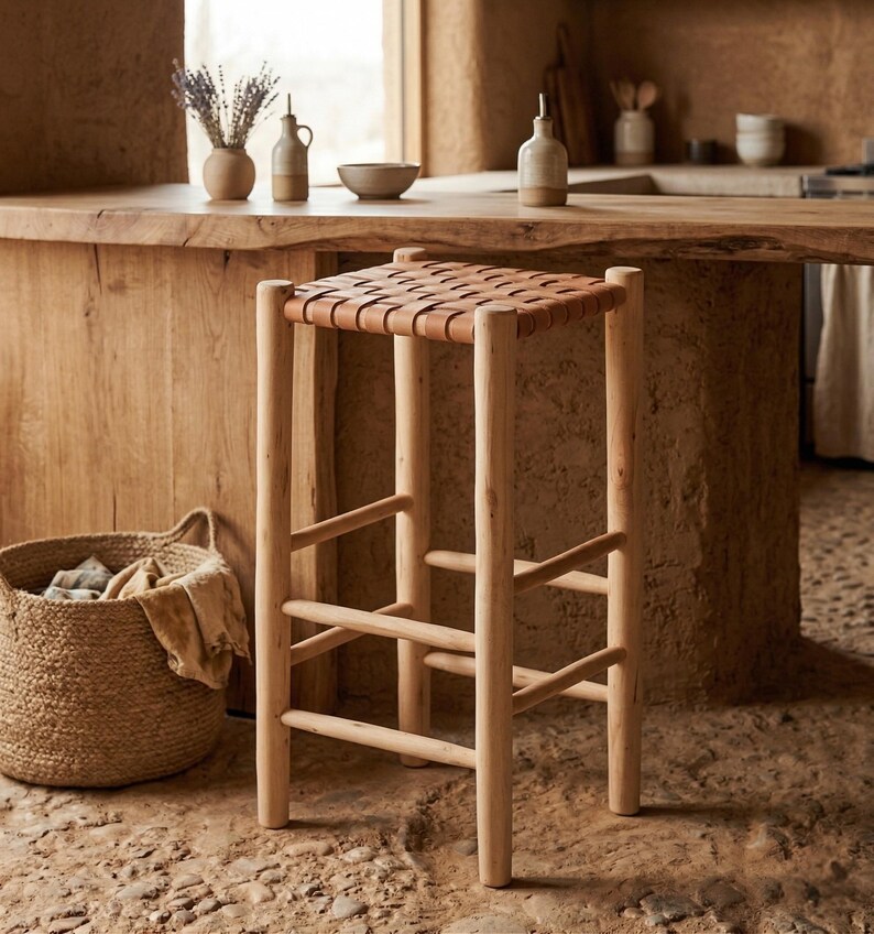 Tabouret de Bar Marocain en Bois Massif et Cuir Tressé