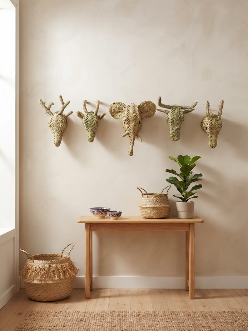 Set de 5 têtes d’animaux en paille
