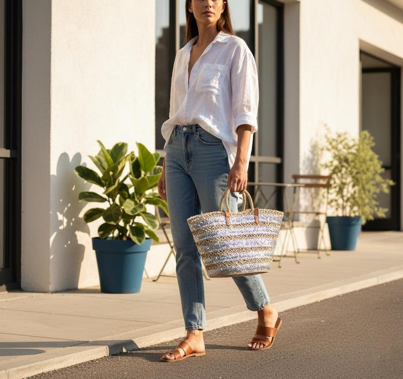 Sac cabas en paille brodée de sequins gris