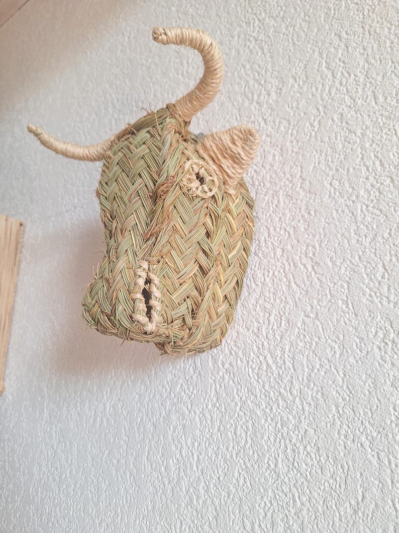 Trophée Mural Tête de Taureau en Paille Tressée