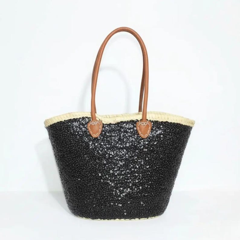 Grand Sac Cabas en Paille et Sequins Noirs