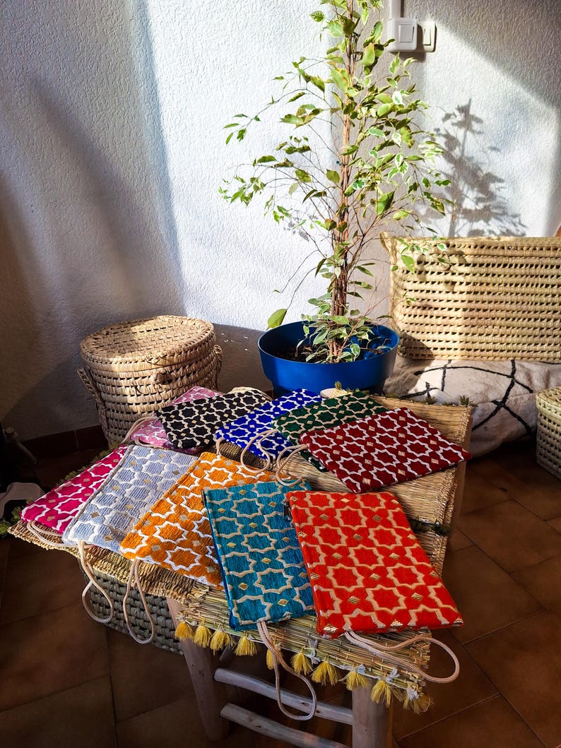 Pochette Zippée Velours Brocard Marocain