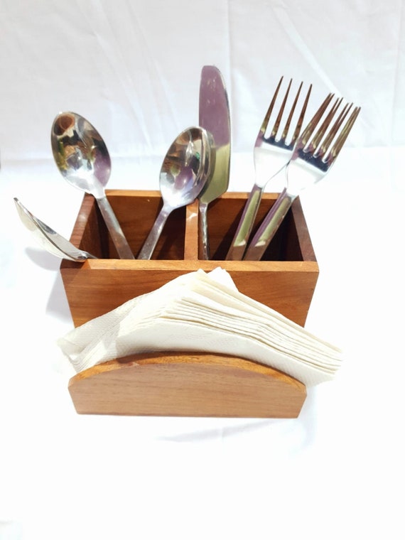 Wooden Table Caddy Restaurant. Wooden Brown Cutlery Holder.with 3  Compartments for Dining Table. Handmade Natural Wood .. 