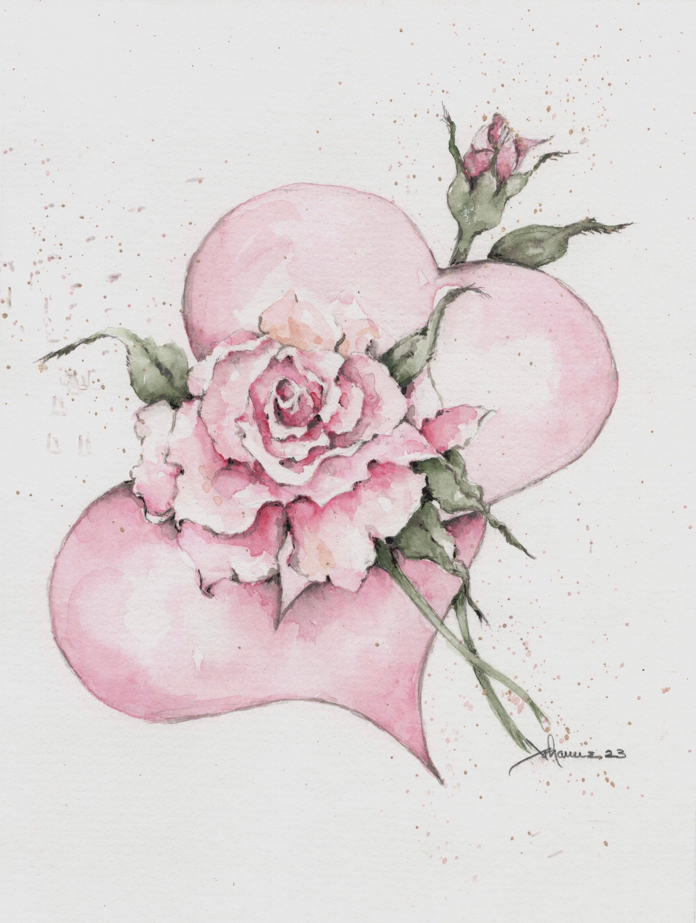 Two Pink Hearts and Pink Rose Watercolor Painting , Valentine Love 8x10 ...