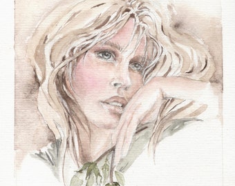 Thinking of You- Original Watercolor Painting. Portrait young girl, mood, emotion, roses in hand.