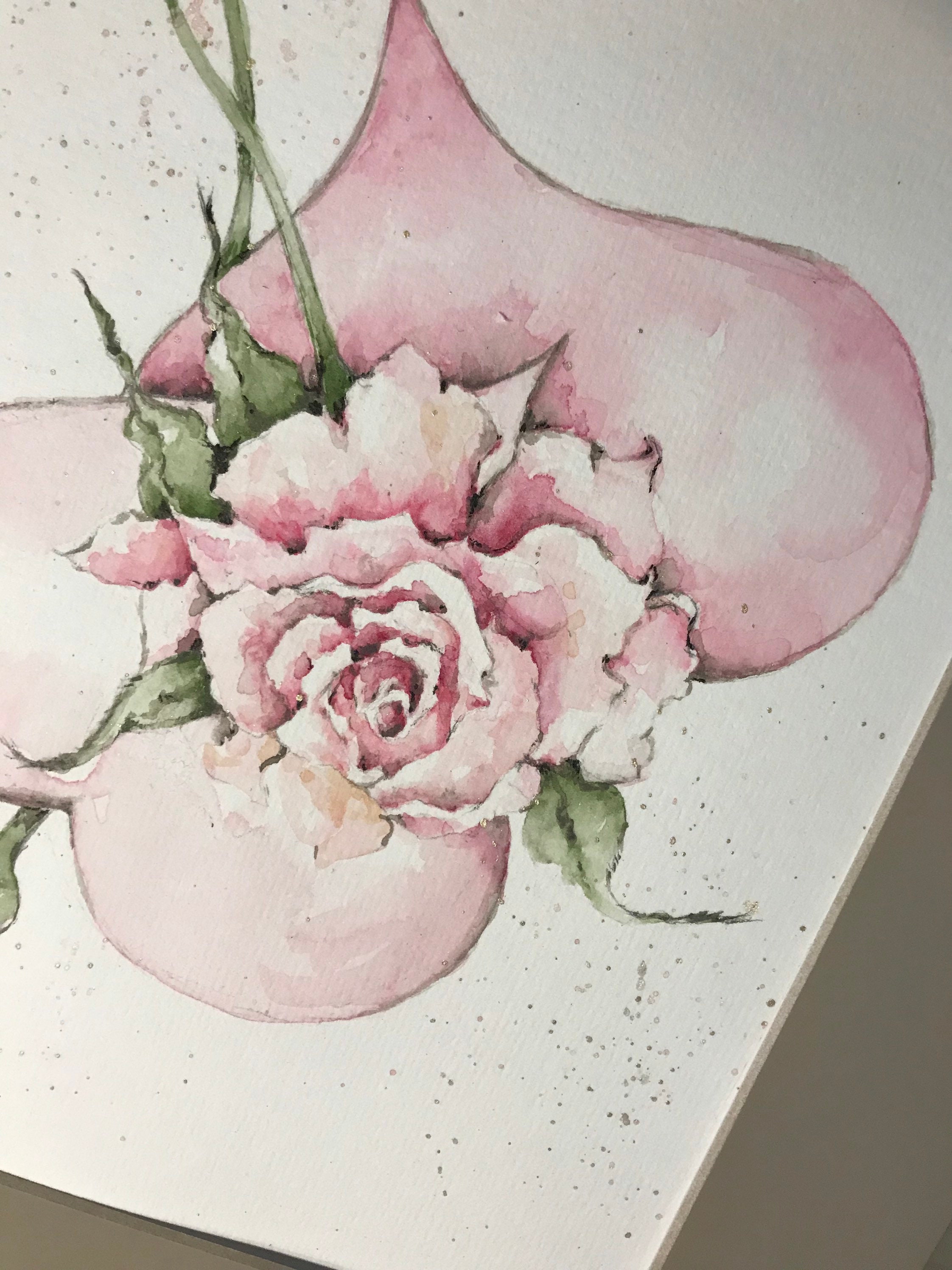 Two Pink Hearts and Pink Rose Watercolor Painting , Valentine Love 8x10 ...