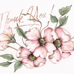 Thank you cards, watercolor print, pink magnolia flowers,;customizable 4x6 inch set of 5