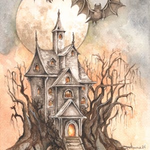 Autumn, Halloween Scary Haunted House, Bats, Pumpkins, Full Moon Original signed watercolor painting 6 x8 inch, matted,  ..