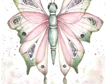 No. 6 - Pink Fantasy Butterfly  Original Watercolor Painting 8x6 whimsical, fairy, enchanted.