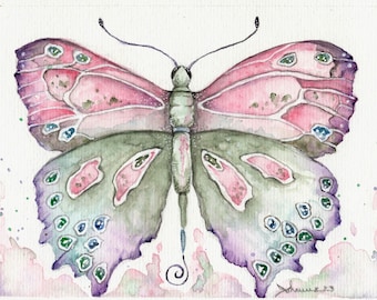 No. 3- Pink Fantasy Butterfly  Original Watercolor Painting 8x6 whimsical, fairy, enchanted.