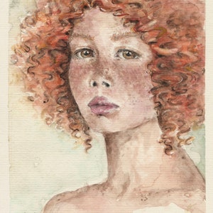 Young Redheaded Girl with Freckles- Ginger Hair -Original Watercolor Painting 8x6