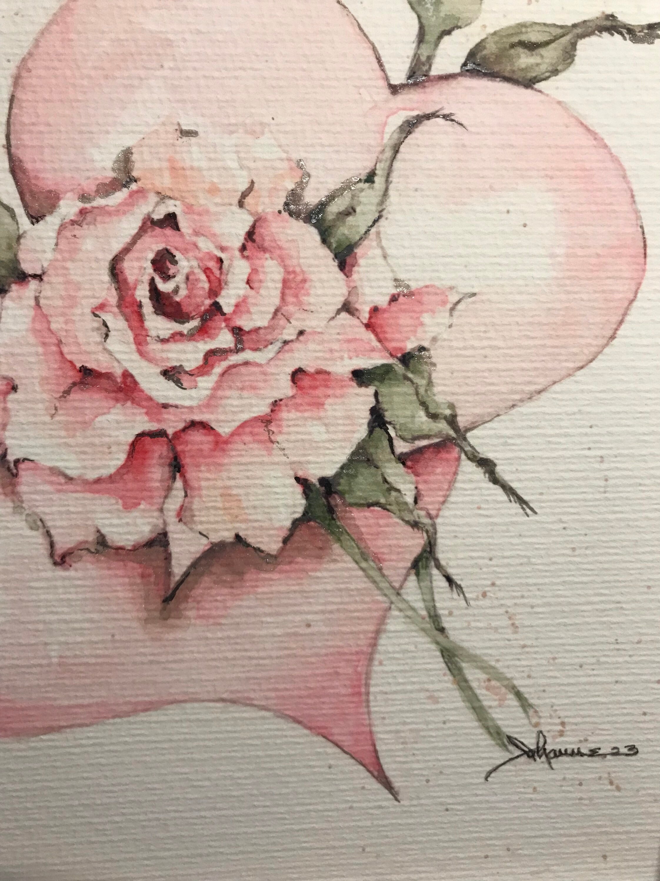 Two Pink Hearts and Pink Rose Watercolor Painting , Valentine Love 8x10 ...