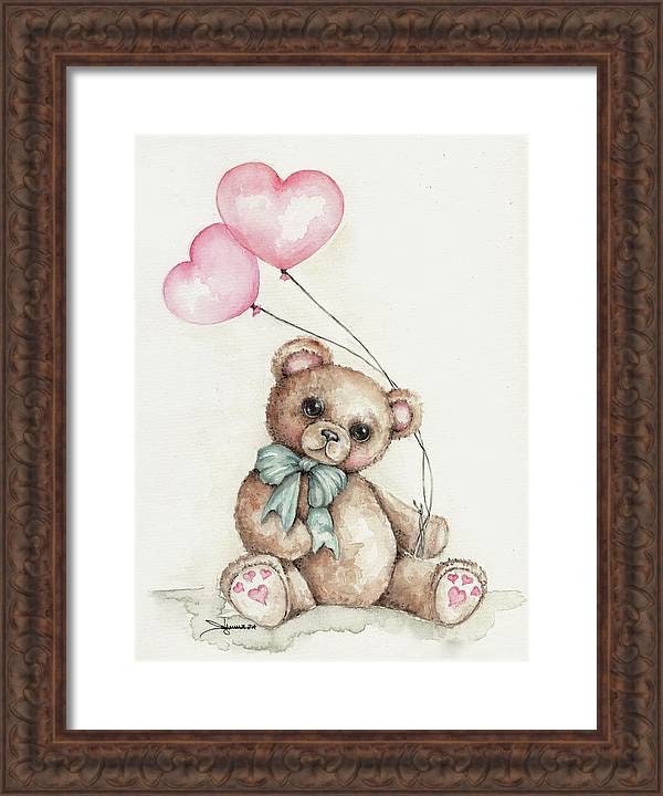 Two Pink Hearts and Teddy Bear Watercolor Painting, Nursery Art ...