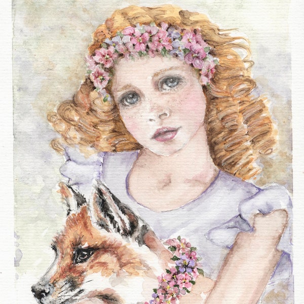 Original Watercolor Painting. Nursery, Childs room Art Portrait young girl, redhead, copper hair, freckles, red fox