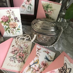Luxe greeting cards. All occasion. Botanicals, Birds,Butterfly, Floral. Specialty handmade deckled edges, pink card & envelopes. Set of 6
