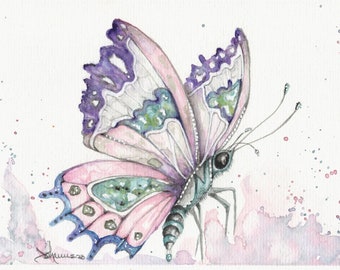 No. 5- Pink Fantasy Butterfly  Original Watercolor Painting 8x6 whimsical, fairy, enchanted.