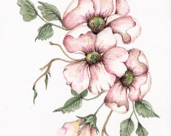 Original watercolor painting. Pink Flowers. Botanical floral 8x6, signed and matted.