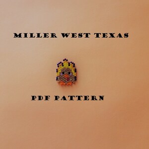 May include: A PDF pattern for a beaded chicken with a yellow, orange, and purple color scheme. The pattern is titled "Miller West Texas".