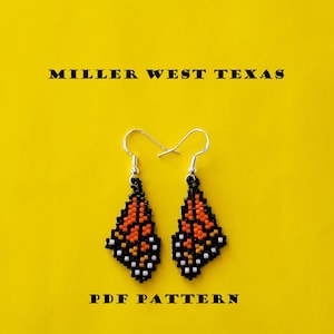 May include: A pair of beaded earrings with a butterfly design in orange, black, and white. The earrings are on a yellow background with the text "MILLER WEST TEXAS" and "PDF PATTERN".