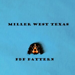 May include: A PDF pattern for a pixel art bead sprite of a dog with black, brown, and orange colors. The text "MILLER WEST TEXAS" and "PDF PATTERN" are also visible on a blue background.