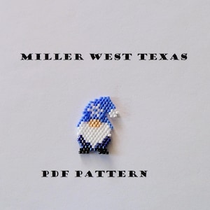 May include: A PDF pattern for a blue and white beaded gnome with a black hat and beard. The pattern is titled "MILLER WEST TEXAS PDF PATTERN".