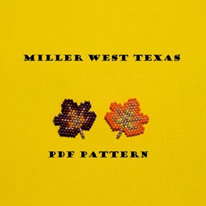 Puede incluir: Dos patrones de hojas de cuentas sobre un fondo amarillo. Las hojas son en tonos de marrón, naranja y dorado. El texto "MILLER WEST TEXAS PDF PATTERN" está impreso sobre las hojas.