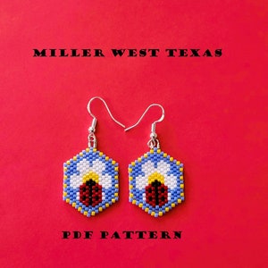 May include: A pair of hexagon-shaped earrings with a beaded design of a ladybug on a white flower. The earrings are blue, white, yellow, red, and black. The text "MILLER WEST TEXAS" and "PDF PATTERN" are also visible.