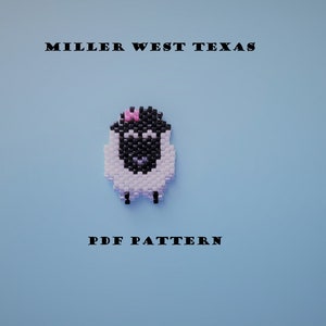 Puede incluir: Un patrón PDF para un cordero de cuentas con un lazo rosa. El cordero es blanco con ojos negros y una nariz negra. El texto "MILLER WEST TEXAS" y "PDF PATTERN" también es visible.