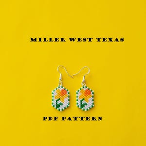 Peut inclure: Une paire de boucles d'oreilles en perles avec un motif de fleur jaune. Les boucles d'oreilles sont sur un fond jaune avec le texte "MILLER WEST TEXAS" et "PDF PATTERN".