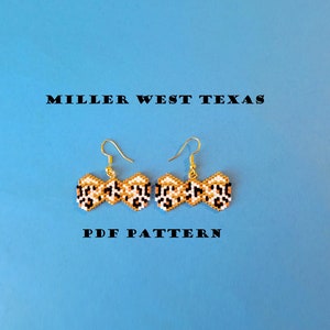 May include: A pair of gold beaded earrings with a leopard print design. The earrings are on a blue background with the text "MILLER WEST TEXAS" and "PDF PATTERN".