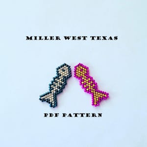 May include: Two beaded fish shapes, one black and white, the other pink and gold, with the text "MILLER WEST TEXAS" and "PDF PATTERN" below.