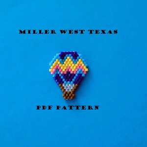 May include: A colorful beaded hot air balloon pattern, with a purple, blue, yellow, and pink design. The pattern is titled "MILLER WEST TEXAS PDF PATTERN".