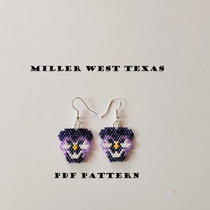 May include: A pair of purple and white beaded earrings with silver hooks. The earrings are shaped like flowers and have a white centre with a yellow bead. The text "MILLER WEST TEXAS" and "PDF PATTERN" are printed below the earrings.