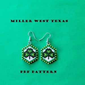 May include: A pair of beaded earrings with a hexagonal shape and a tree design. The earrings feature green, white, and black beads, with silver-colored ear wires. The text "MILLER WEST TEXAS" and "PDF PATTERN" are above and below the earrings.
