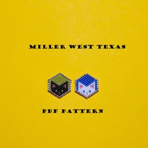 May include: Two small bead sprites, one green and black, the other blue and white, on a yellow background. The text "MILLER WEST TEXAS PDF PATTERN" is printed below the sprites.