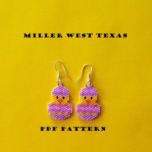 May include: A pair of purple and yellow beaded earrings shaped like chicks in eggshells. The earrings are on a yellow background with the text "MILLER WEST TEXAS" and "PDF PATTERN".