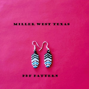 May include: A pair of black, white, and blue beaded earrings with a feather design. The earrings are on a pink background with the text "MILLER WEST TEXAS" and "PDF PATTERN".