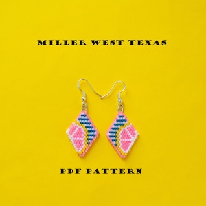 May include: A pair of handmade earrings with a geometric design. The earrings are diamond-shaped, featuring pink, blue, and yellow patterns. The text "MILLER WEST TEXAS" and "PDF PATTERN" are printed on a yellow background.