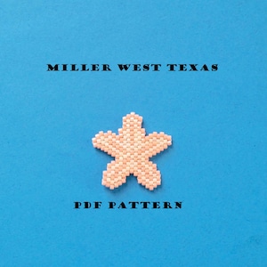 May include: A pink beaded flower on a blue background. The text "MILLER WEST TEXAS" and "PDF PATTERN" is printed below the flower.
