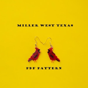 May include: A pair of red cardinal bird earrings with black accents and gold hooks. The earrings are on a yellow background with the text "MILLER WEST TEXAS" and "PDF PATTERN".