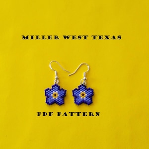 May include: A pair of beaded earrings featuring a blue and yellow flower design. The earrings are displayed against a yellow background with the text "MILLER WEST TEXAS" and "PDF PATTERN".