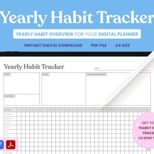 Yearly HABIT TRACKER | Digital Planner | Digital Bullet Journal | PDF File | Goodnotes & Notability Page | Minimalistic | iPad Tablet Print